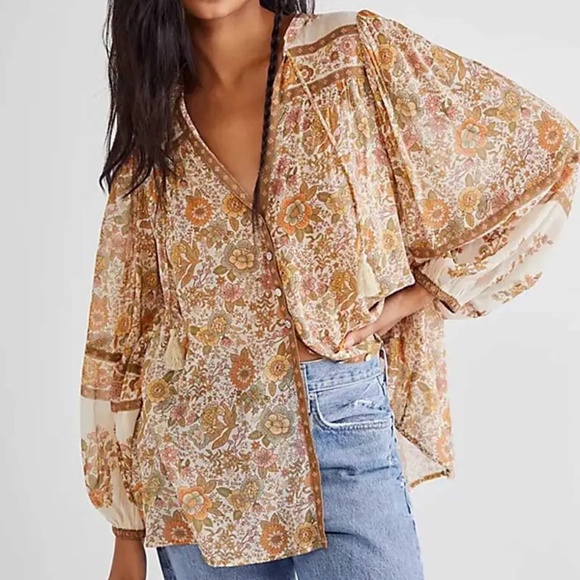 Boho Floral Print Button Down Tassel Blouse - Picture 2 of 10